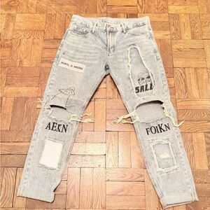 RARE AEKN Trendy Distressed Light Gray Jeans from South Korea